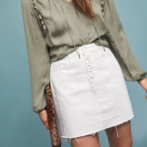 Paige Aideen White Button-Front Denim Skirt Stretch Cotton Blend Raw Hem Sz 10
